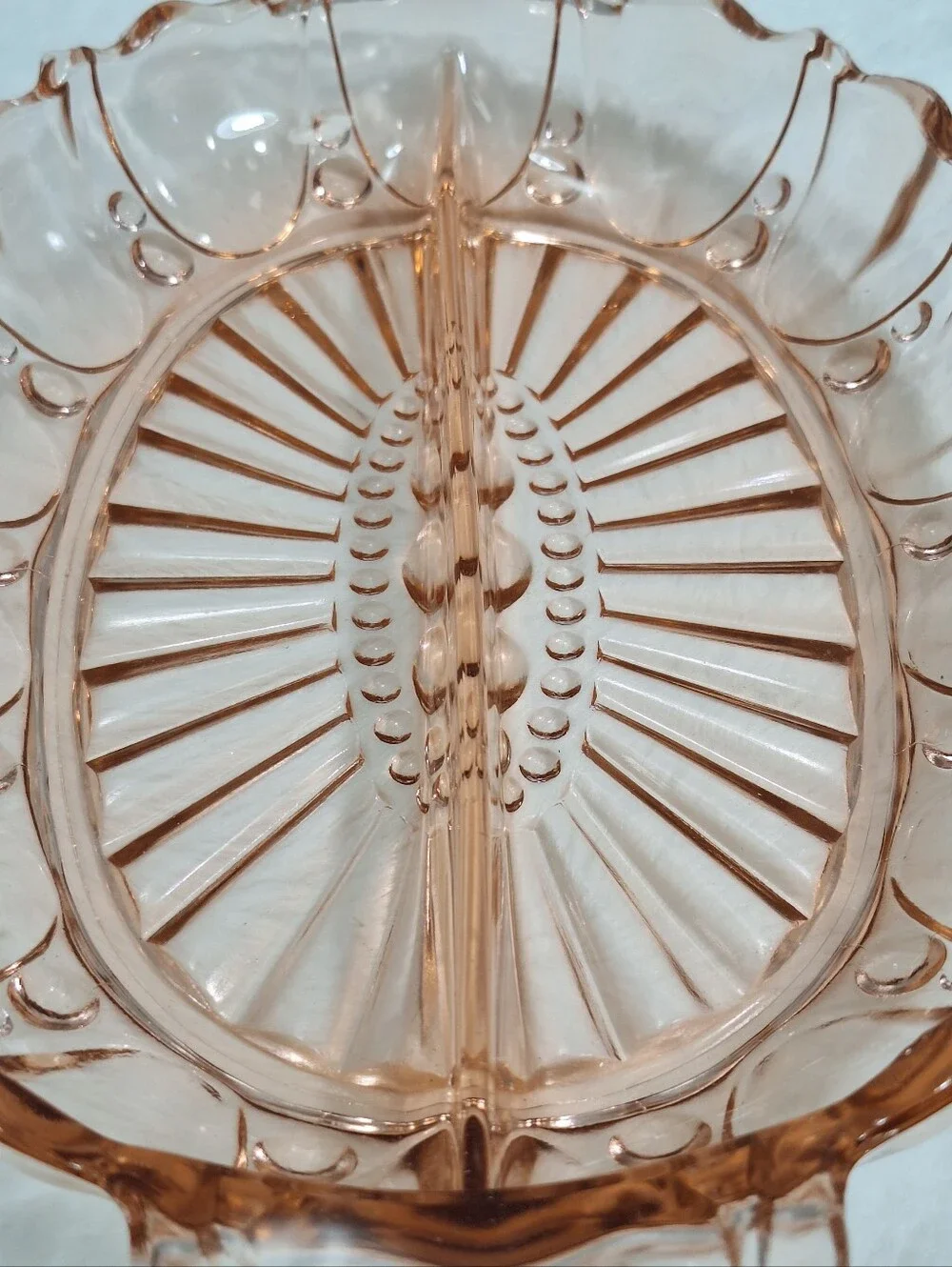 1940 Pink Depression Glass Divided Relish Dish Anchor Hocking Oyster & Pearl